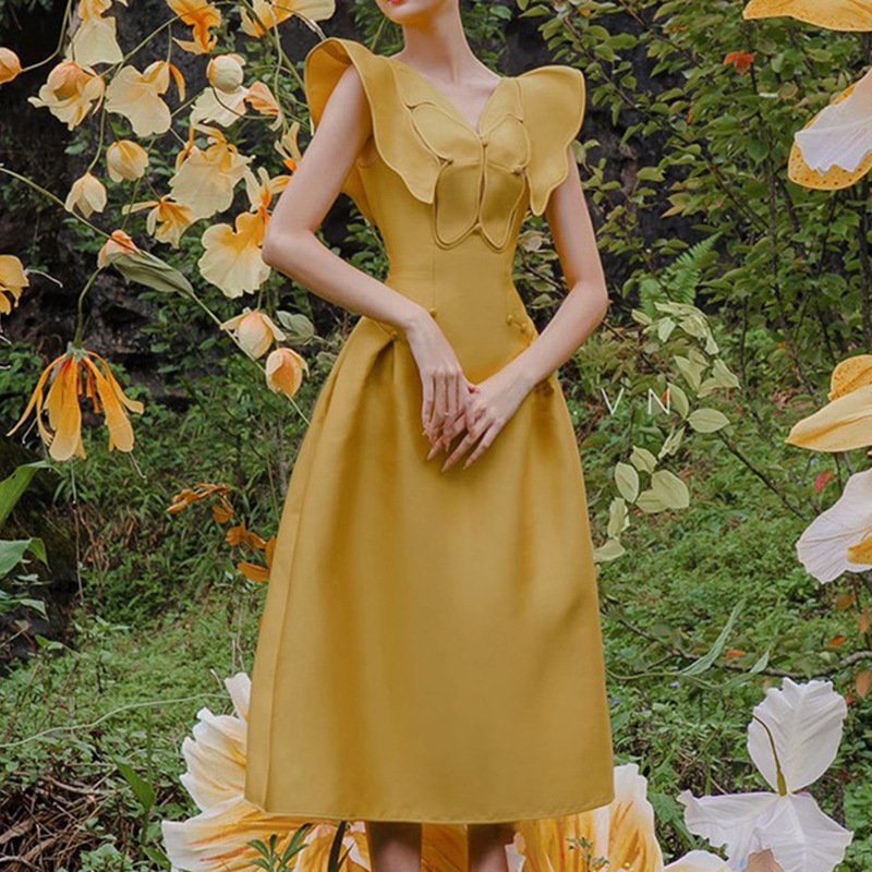 Custom 2023 Designer Summer Cotton Holiday Beach Sleeveless V-Neck with Butterfly Bud Puff Long Casual Dress