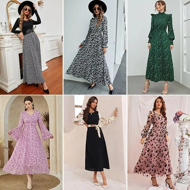 High quality dress fashion female floral floral print long sleeve V neck A word casual dress female chiffon dress wholesale
