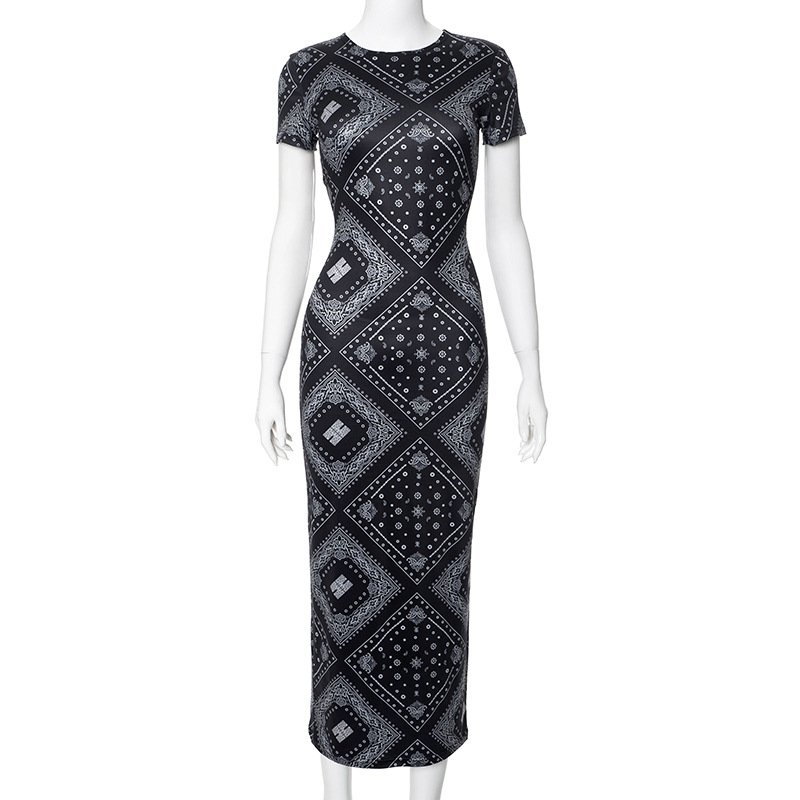 S73259 - quality short sleeve printed o neck bodycon casual long dresses women