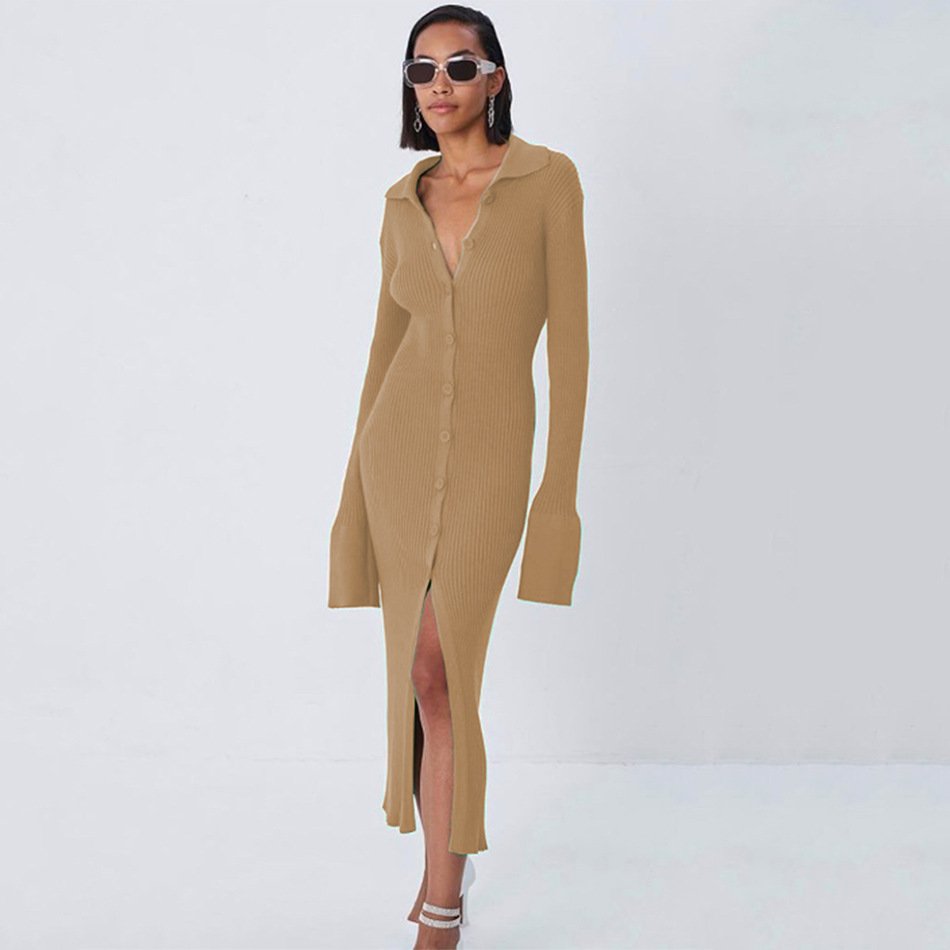 Clothing factory wholesale Long Sleeve Button Flare Sleeve women maxi knitted Dress office ladies sexy dresses
