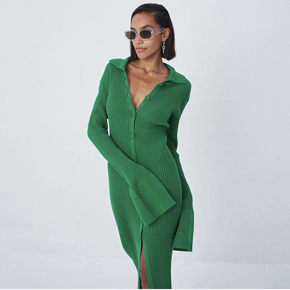 Clothing factory wholesale Long Sleeve Button Flare Sleeve women maxi knitted Dress office ladies sexy dresses