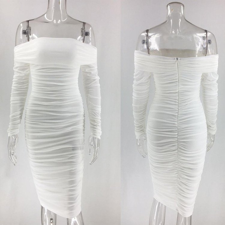 Vestidos Elegantes Sexy Women Long Sleeves Party Bodycon Bandage Short Dress Slash Neck Off Shoulder Draped Club Mesh Midi Dress