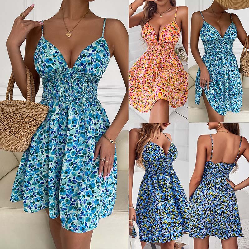 Women'S Summer Boho Vestidos Floral Print Corset Casual Halter Dresses