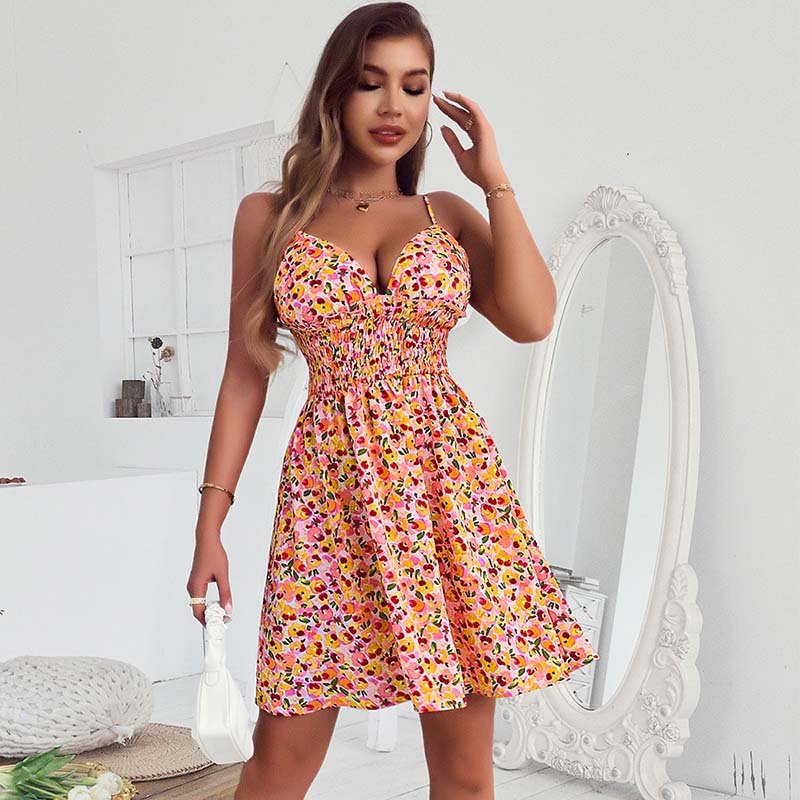 Women'S Summer Boho Vestidos Floral Print Corset Casual Halter Dresses