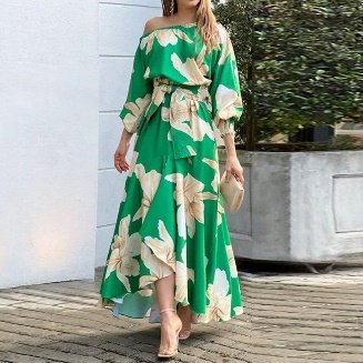 High quality floral printed dress lantern sleeves off shoulder elegant ladies casual dresses