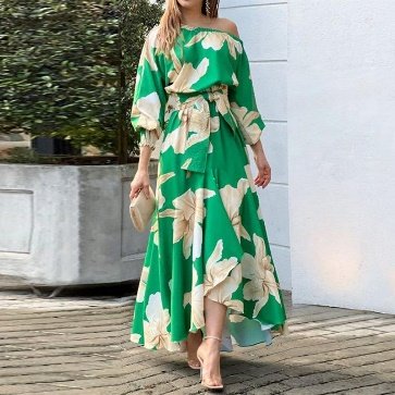High quality floral printed dress lantern sleeves off shoulder elegant ladies casual dresses