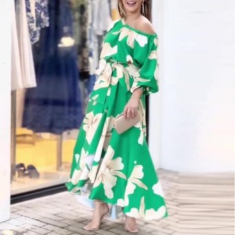 High quality floral printed dress lantern sleeves off shoulder elegant ladies casual dresses