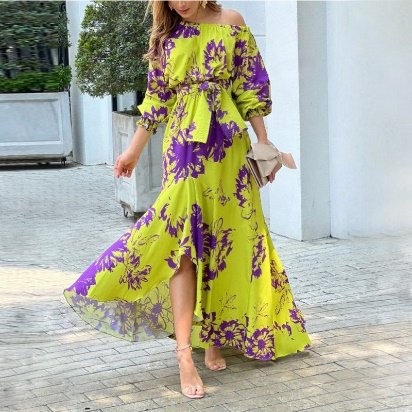 High quality floral printed dress lantern sleeves off shoulder elegant ladies casual dresses