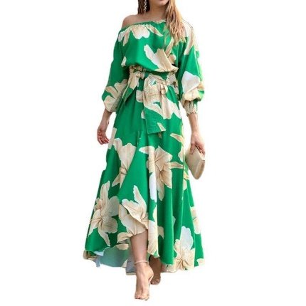 High quality floral printed dress lantern sleeves off shoulder elegant ladies casual dresses