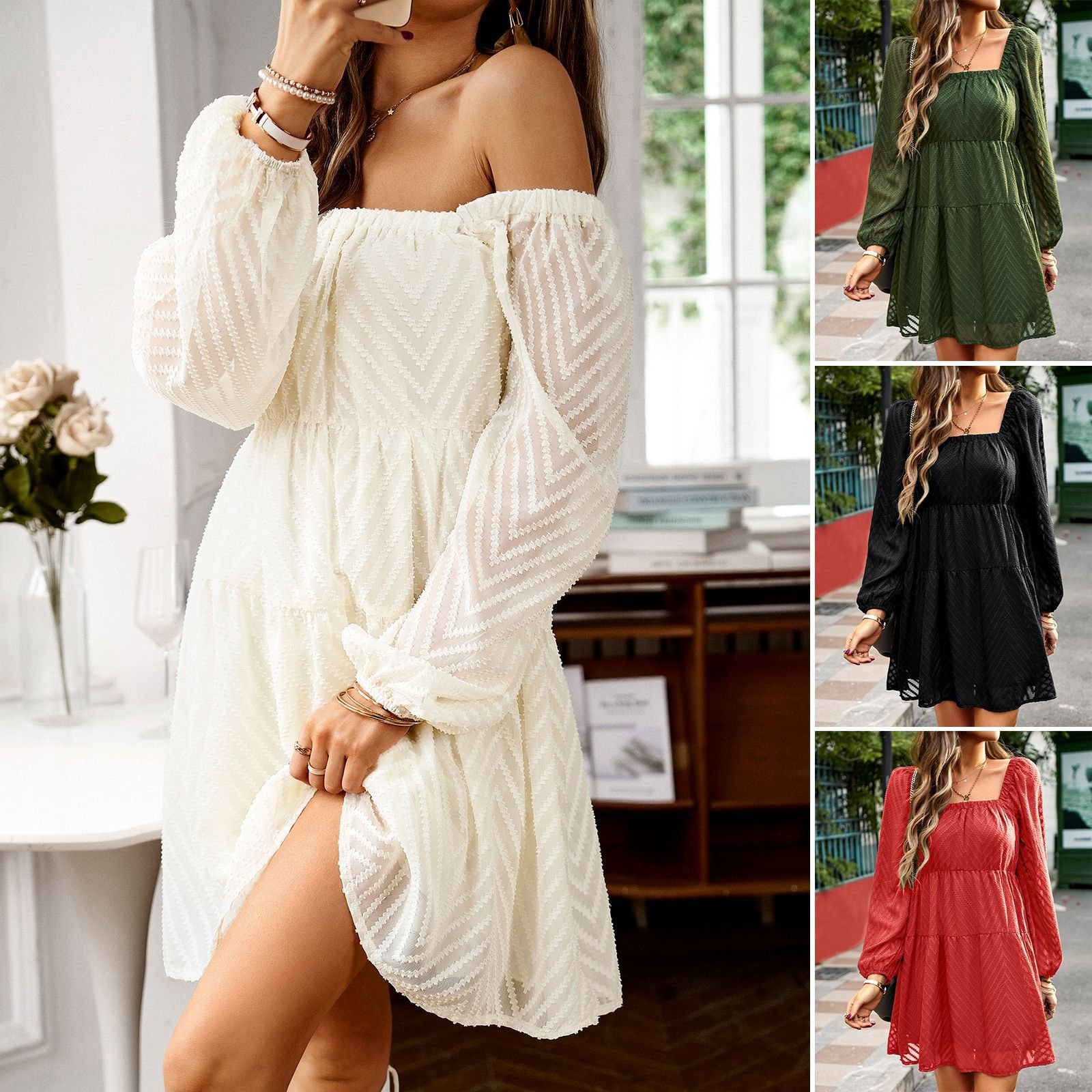 PRETTY STEPS Square neck dress 2024 autumn temperament elegant long sleeve short skirt