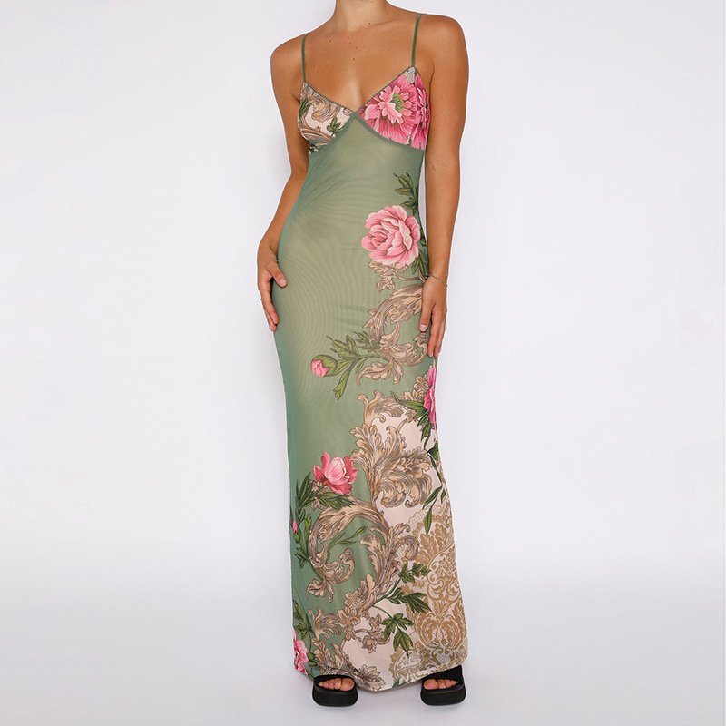 floral print green casual dresses women lady elegant bohemian woman dress