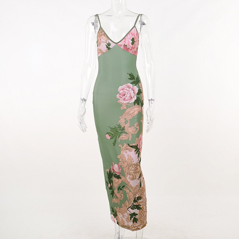floral print green casual dresses women lady elegant bohemian woman dress
