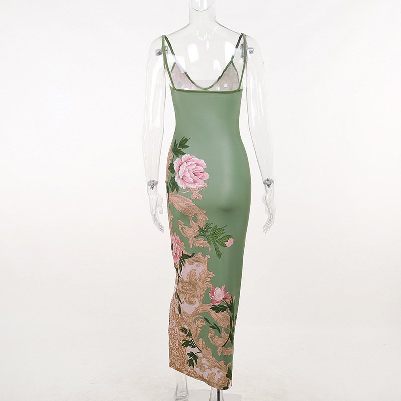 floral print green casual dresses women lady elegant bohemian woman dress