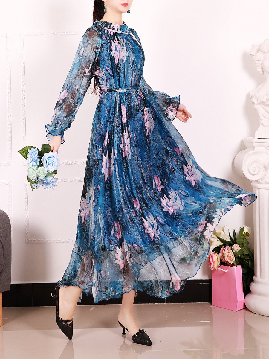 Round neck long sleeves 100% Viscose back bow elegant blue floral print maxi long expansion skirt Cocktail Party Dress