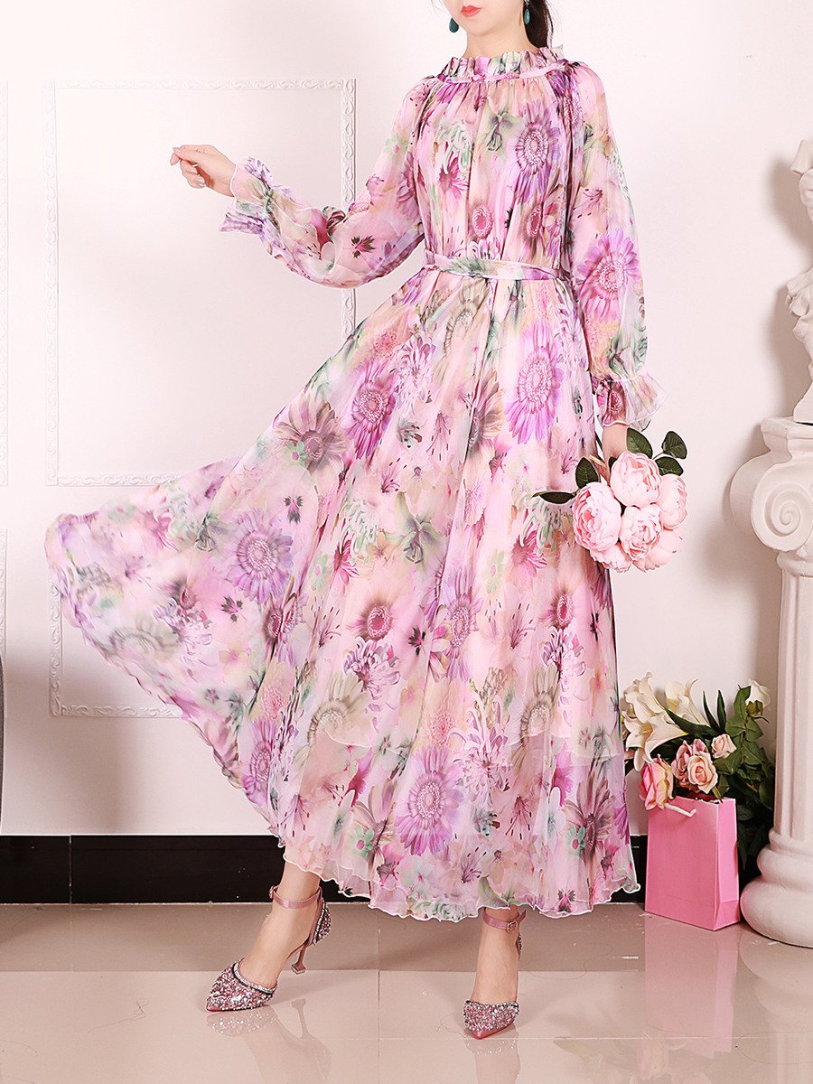 Round neck long sleeves 100% Viscose back bow elegant blue floral print maxi long expansion skirt Cocktail Party Dress