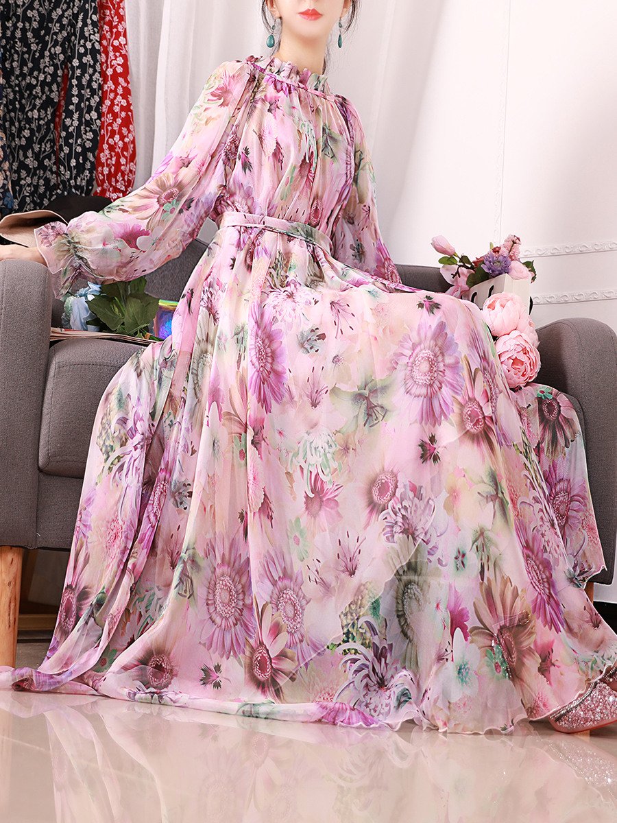 Round neck long sleeves 100% Viscose back bow elegant blue floral print maxi long expansion skirt Cocktail Party Dress