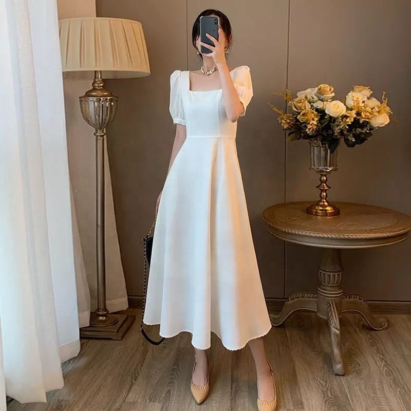 OEM manufacturer casual summer women puff sleeves beach cotton linen dress maxi sun dresses