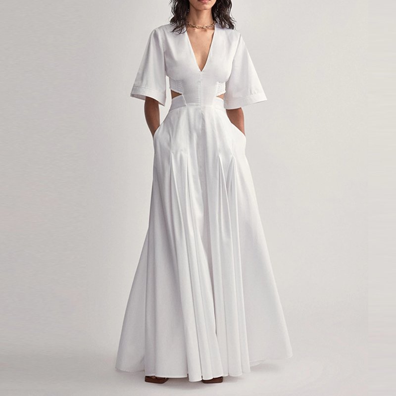 Elegant Maxi V Neck Women Clothing Cut Out Dress White Dress Casual Dresses
