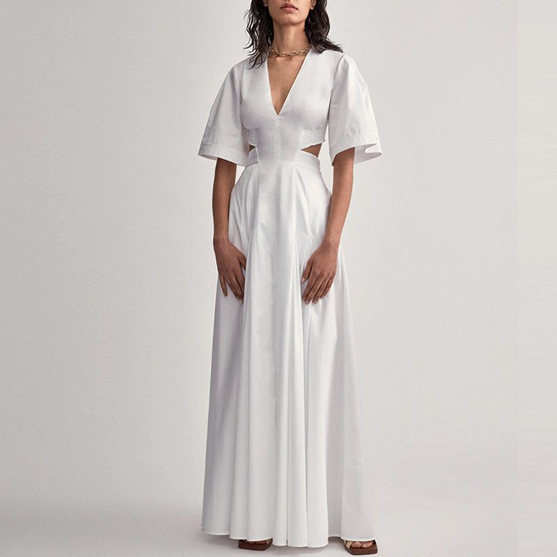 Elegant Maxi V Neck Women Clothing Cut Out Dress White Dress Casual Dresses