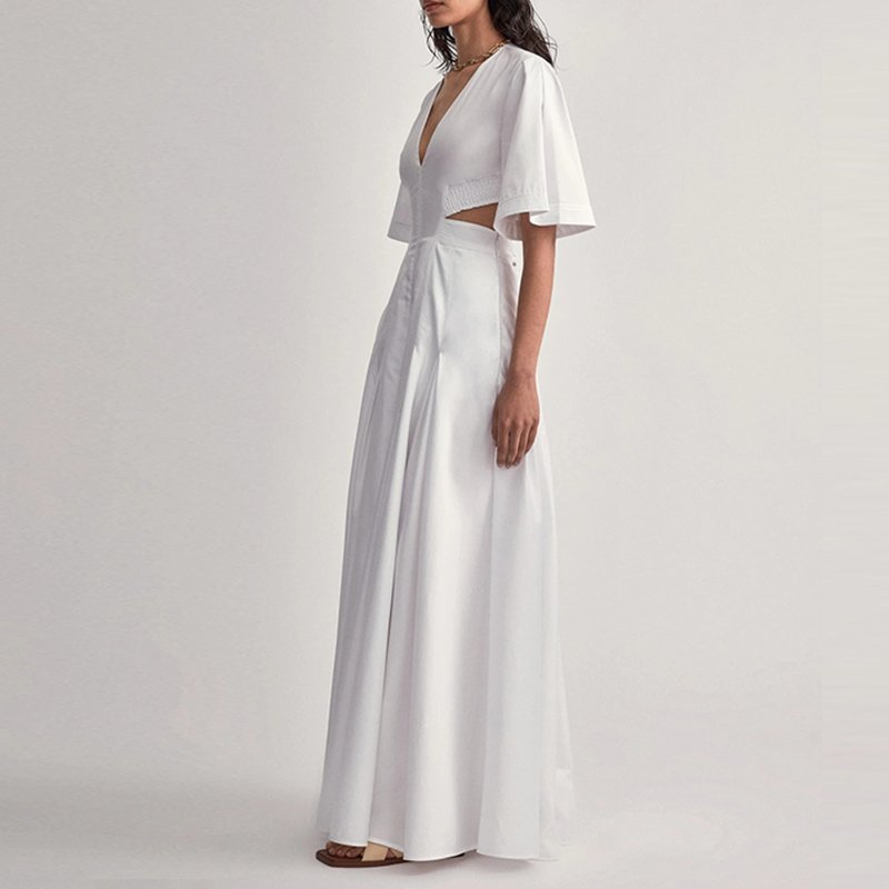 Elegant Maxi V Neck Women Clothing Cut Out Dress White Dress Casual Dresses