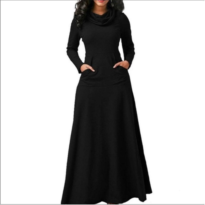 Long Maxi Dress Autumn Winter Warm High Collar Women Long-sleeved Dress Woman Clothing With Pocket