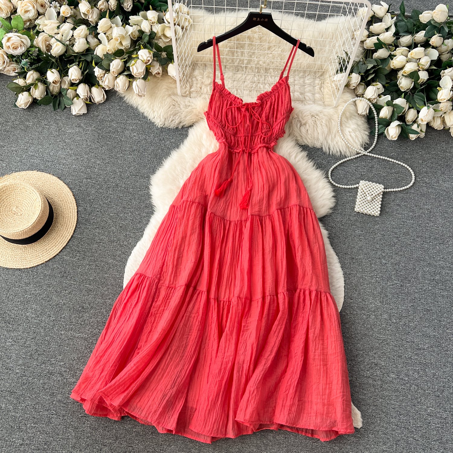 LE2290 Seaside Holiday Midi Dress Female Summer Heart Hollow Backless Waist Slimming A-Line Swing Long Halter Dresses
