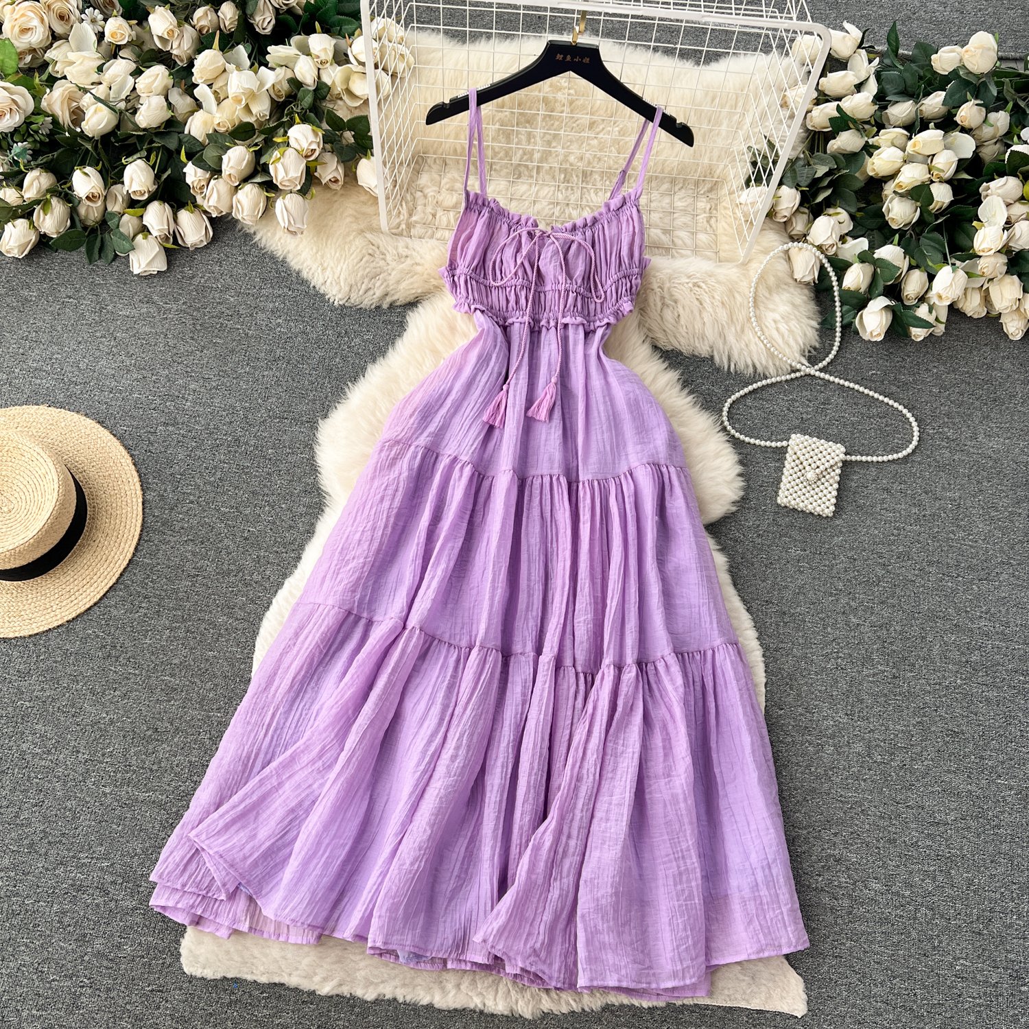 LE2290 Seaside Holiday Midi Dress Female Summer Heart Hollow Backless Waist Slimming A-Line Swing Long Halter Dresses