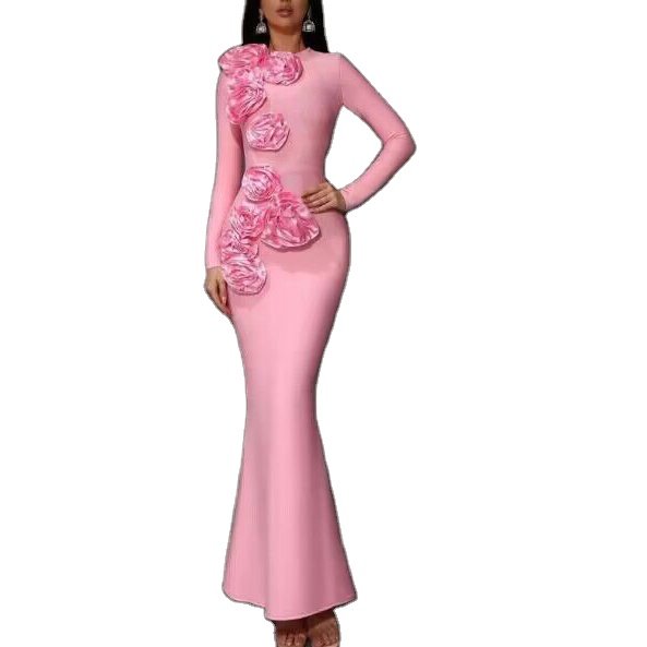 c3599 Fashionable Styles Pink Women Bodycon Party Dress Long Sleeves Ladies Maxi Dress