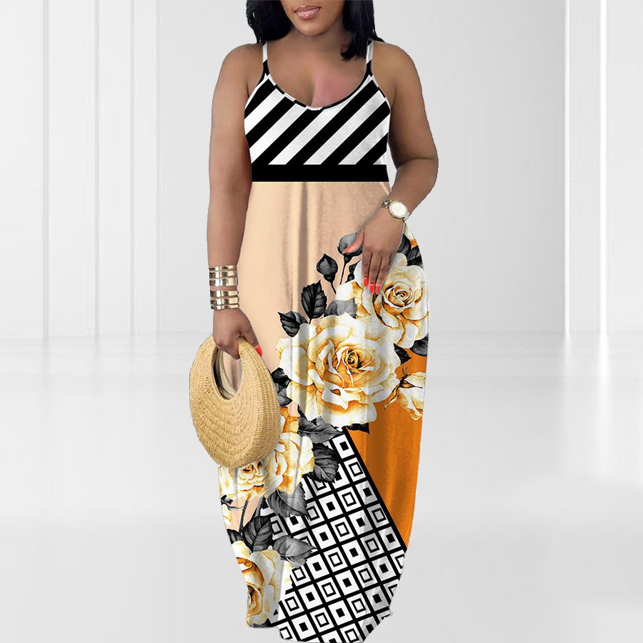 Floral & Butterfly Printed Summer Maxi Dress Casual V-Neck Sleeveless Bohemian Spaghetti Strap Long Dress