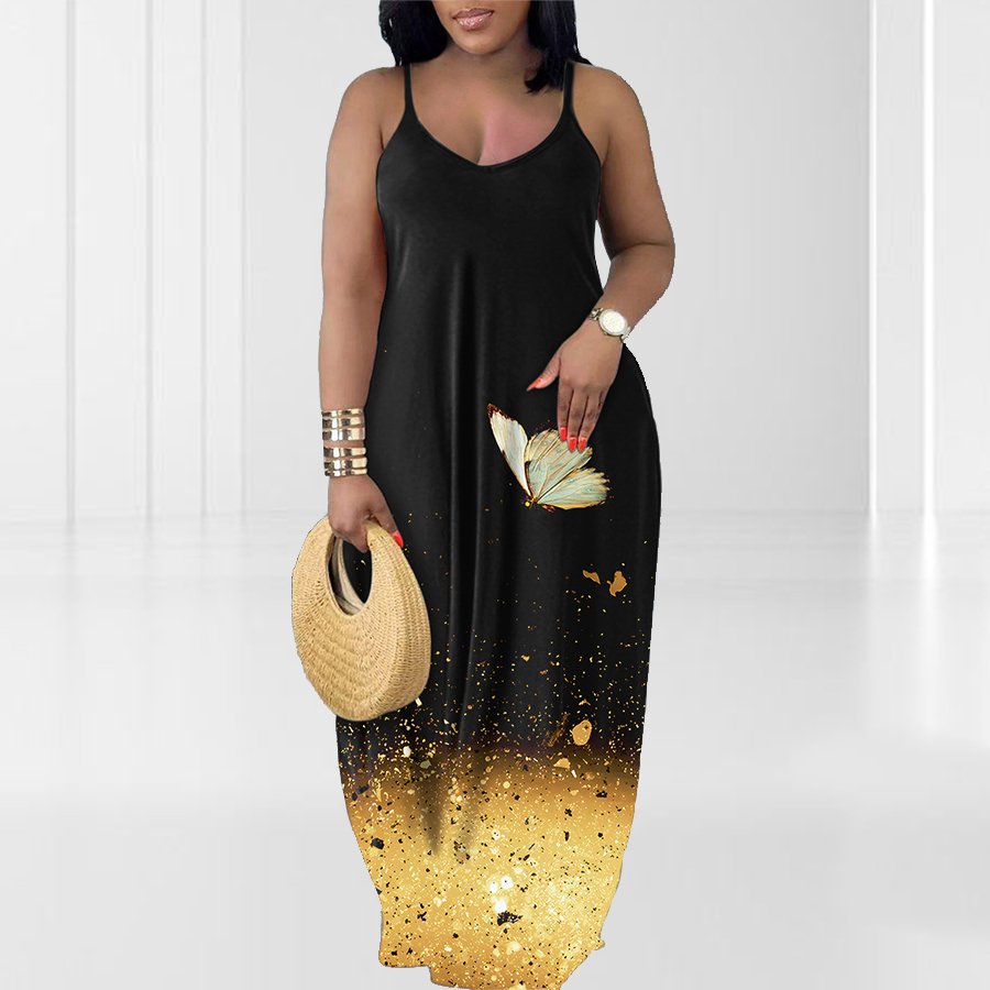 Floral & Butterfly Printed Summer Maxi Dress Casual V-Neck Sleeveless Bohemian Spaghetti Strap Long Dress