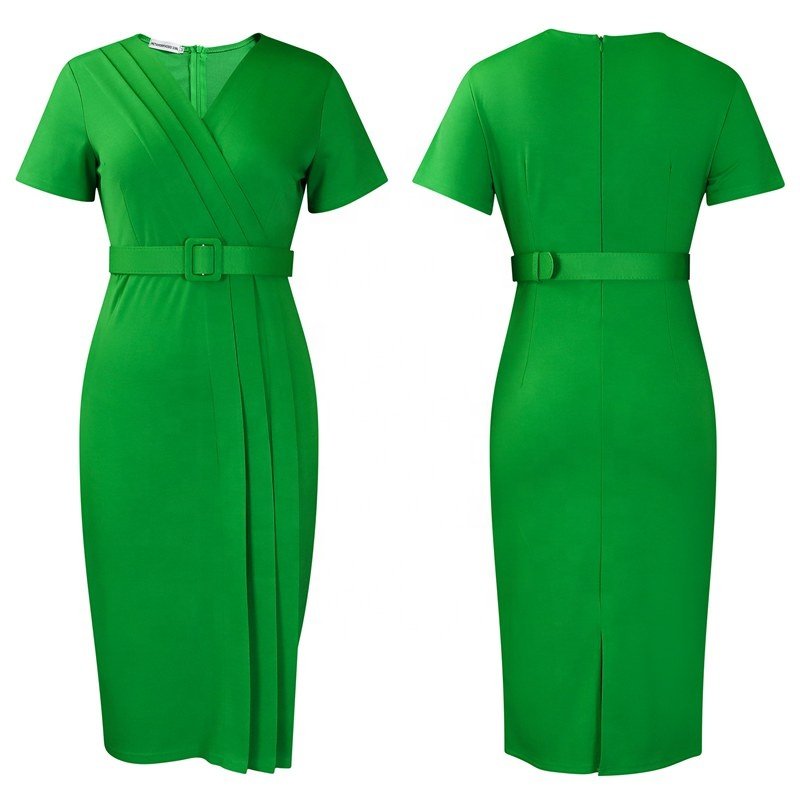 Summer Ladies Office Dresses Short Sleeve V-neck Waist Wrap Pencil Career Dresses with belt Women Casual Africa Dress