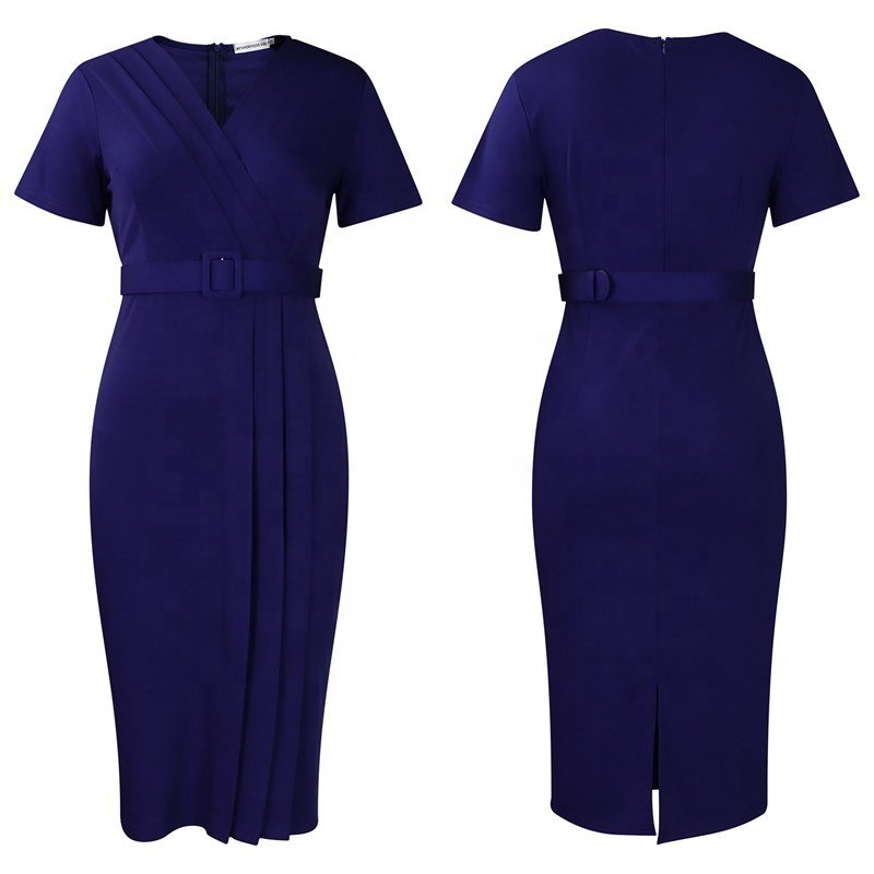 Summer Ladies Office Dresses Short Sleeve V-neck Waist Wrap Pencil Career Dresses with belt Women Casual Africa Dress