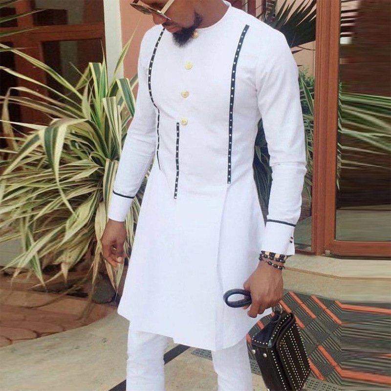 Custom African Muslim Ethnic Traditional Casual Youth Round Neck White Print Shirts For Men