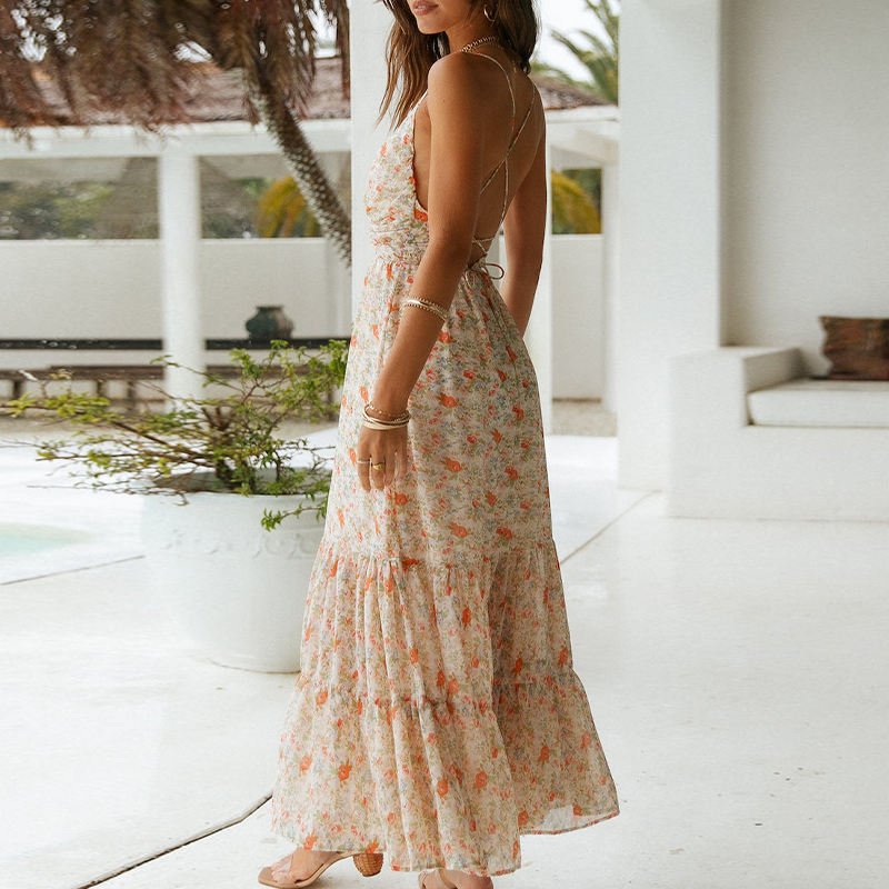 Summer Customization Ladies Chiffon Fabric Casual Spaghetti Slip Backless V Neck sleeveless Floral Print Boho Maxi Dress