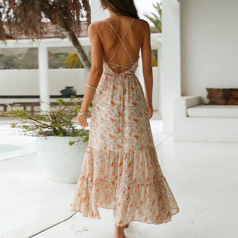 Summer Customization Ladies Chiffon Fabric Casual Spaghetti Slip Backless V Neck sleeveless Floral Print Boho Maxi Dress