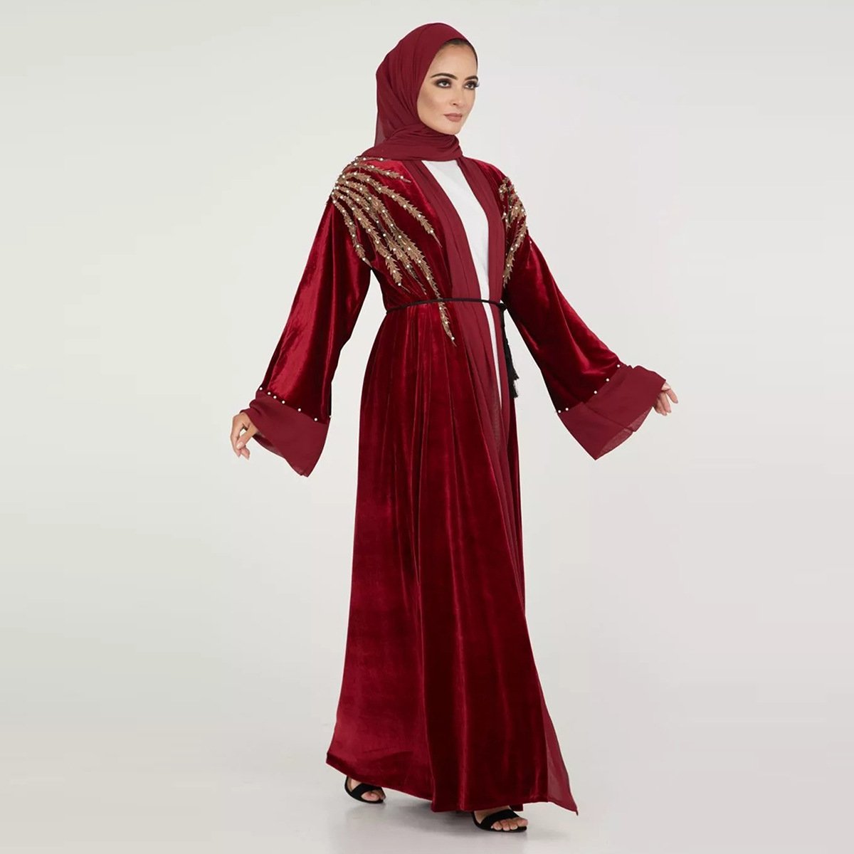 New Embroidered Cardigan Women Dress Lace-Up Robe Islamic Clothing Kimono Abaya with Belt Musulman Luxury Crystal Abaya Dress