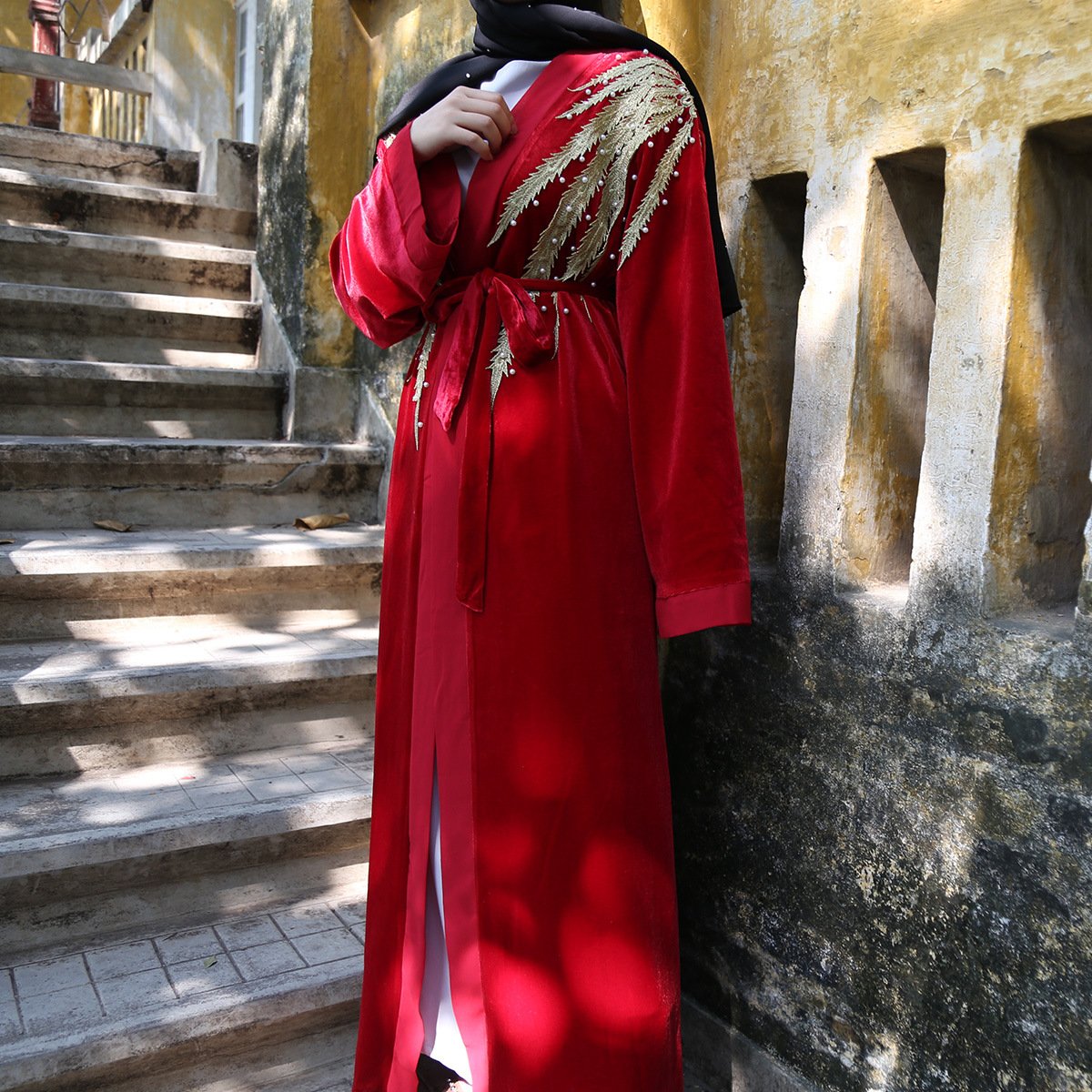 New Embroidered Cardigan Women Dress Lace-Up Robe Islamic Clothing Kimono Abaya with Belt Musulman Luxury Crystal Abaya Dress