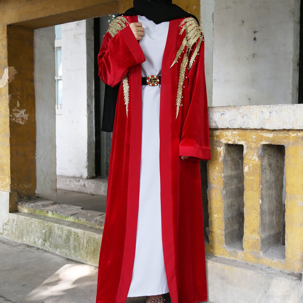 New Embroidered Cardigan Women Dress Lace-Up Robe Islamic Clothing Kimono Abaya with Belt Musulman Luxury Crystal Abaya Dress