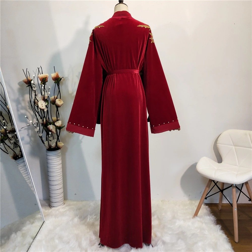 New Embroidered Cardigan Women Dress Lace-Up Robe Islamic Clothing Kimono Abaya with Belt Musulman Luxury Crystal Abaya Dress