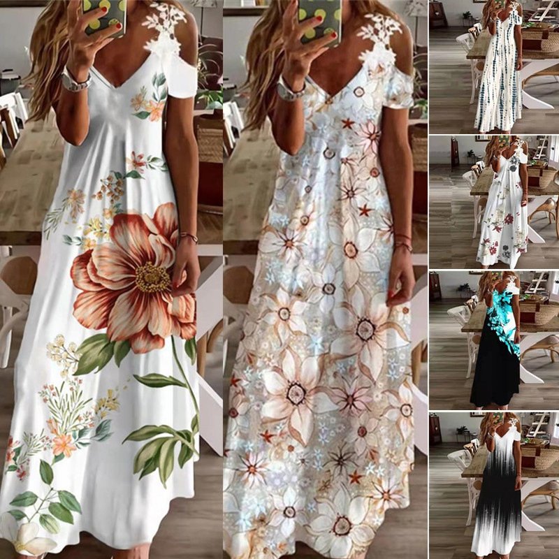 Casual Dresses Maxi Length Floral V-neck Loose Sleeveless Sexy Floral Dresses Women Casual Summer Floral Dresses