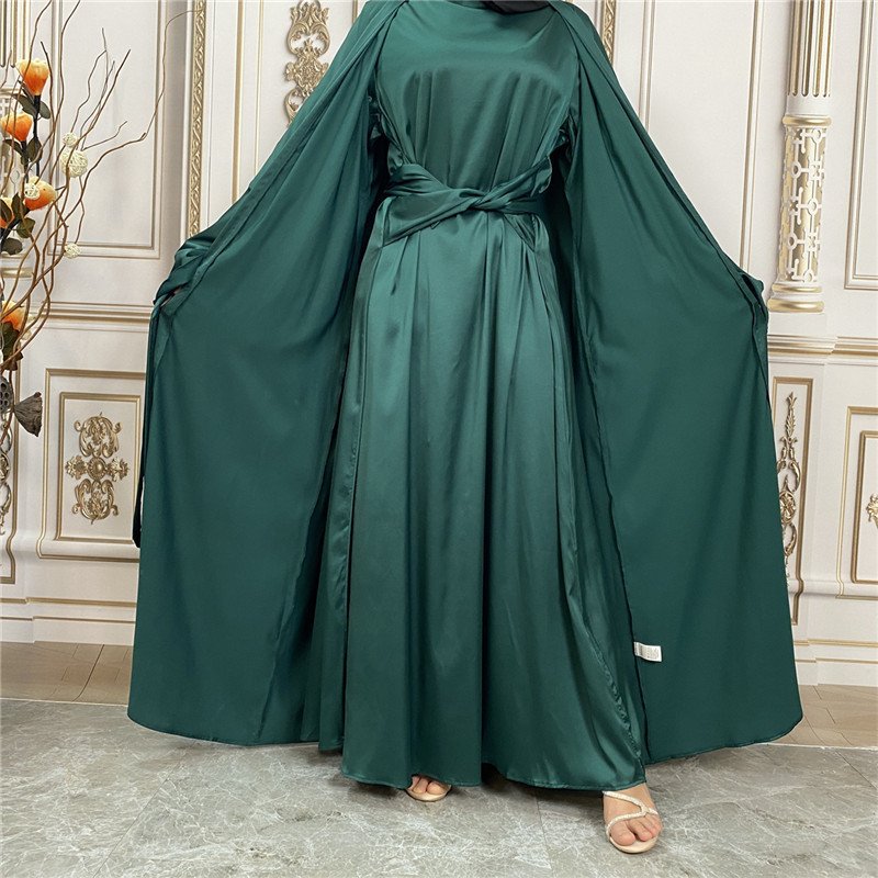 New Fashion Dress Dubai Abaya Satin Lantern Sleeve Long Sleeve Elegant Dress With Muslim Tie Cardigan Jacket Set