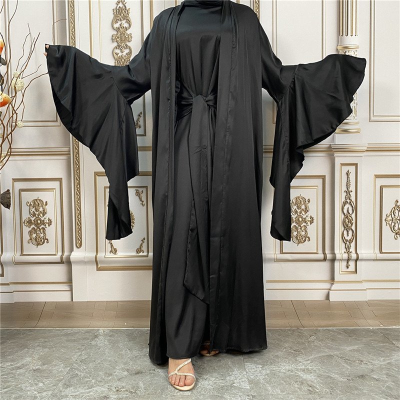 New Fashion Dress Dubai Abaya Satin Lantern Sleeve Long Sleeve Elegant Dress With Muslim Tie Cardigan Jacket Set