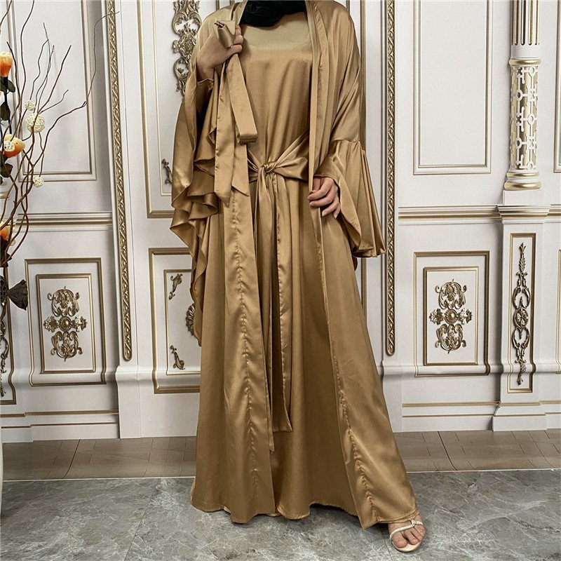 New Fashion Dress Dubai Abaya Satin Lantern Sleeve Long Sleeve Elegant Dress With Muslim Tie Cardigan Jacket Set