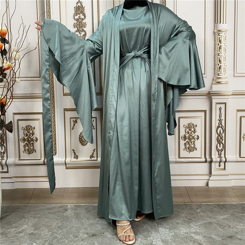 New Fashion Dress Dubai Abaya Satin Lantern Sleeve Long Sleeve Elegant Dress With Muslim Tie Cardigan Jacket Set
