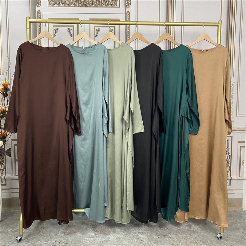 New Fashion Dress Dubai Abaya Satin Lantern Sleeve Long Sleeve Elegant Dress With Muslim Tie Cardigan Jacket Set