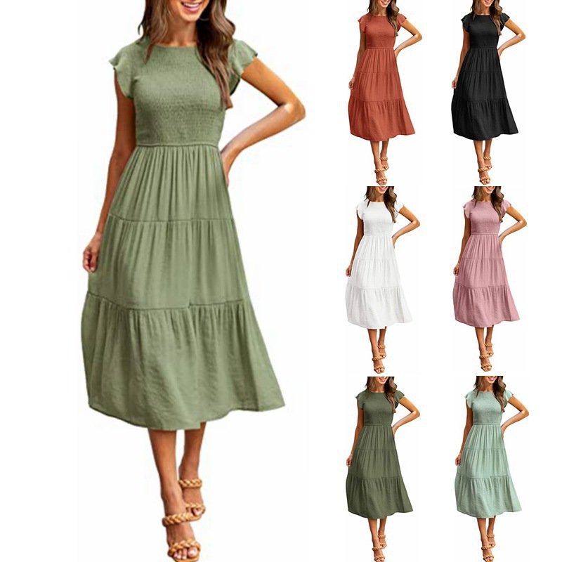 Summer women's casual dress with flying sleeves pleated and layered short sleeved girl's dress