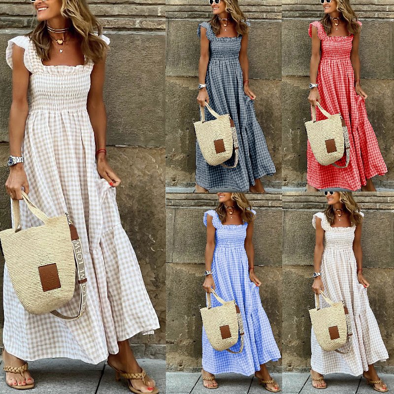 Summer Ruffle Long Elegant Birthday Strapped Trendy Prints Plaid Maxi Casual Dress for Women