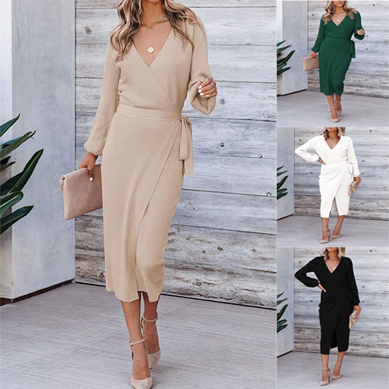 clothes women Fall/Winter 2023 new European and American women's dress elegant V-neck knit plus size dresses 4xl 5xl 6xl 7xl