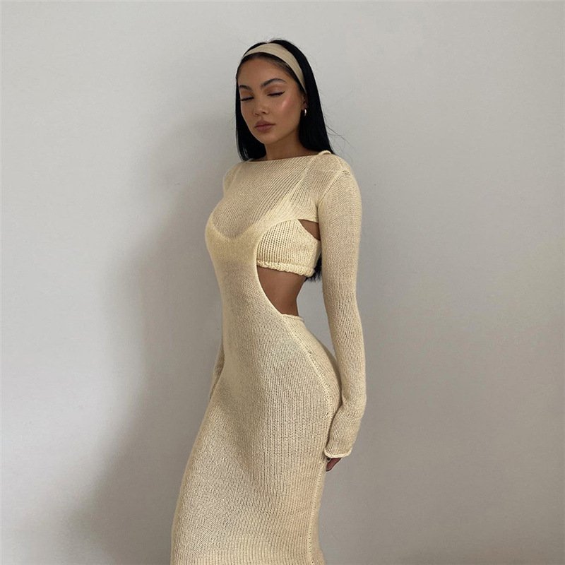 Waist Sexy Two Piece 2023 Casual Clothes Bodycon Sweater Dresses Hollow Out Pleated Slit Sexy
