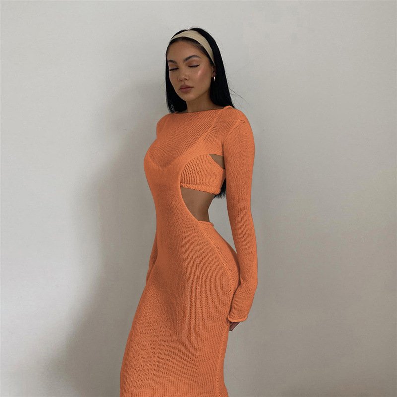 Waist Sexy Two Piece 2023 Casual Clothes Bodycon Sweater Dresses Hollow Out Pleated Slit Sexy